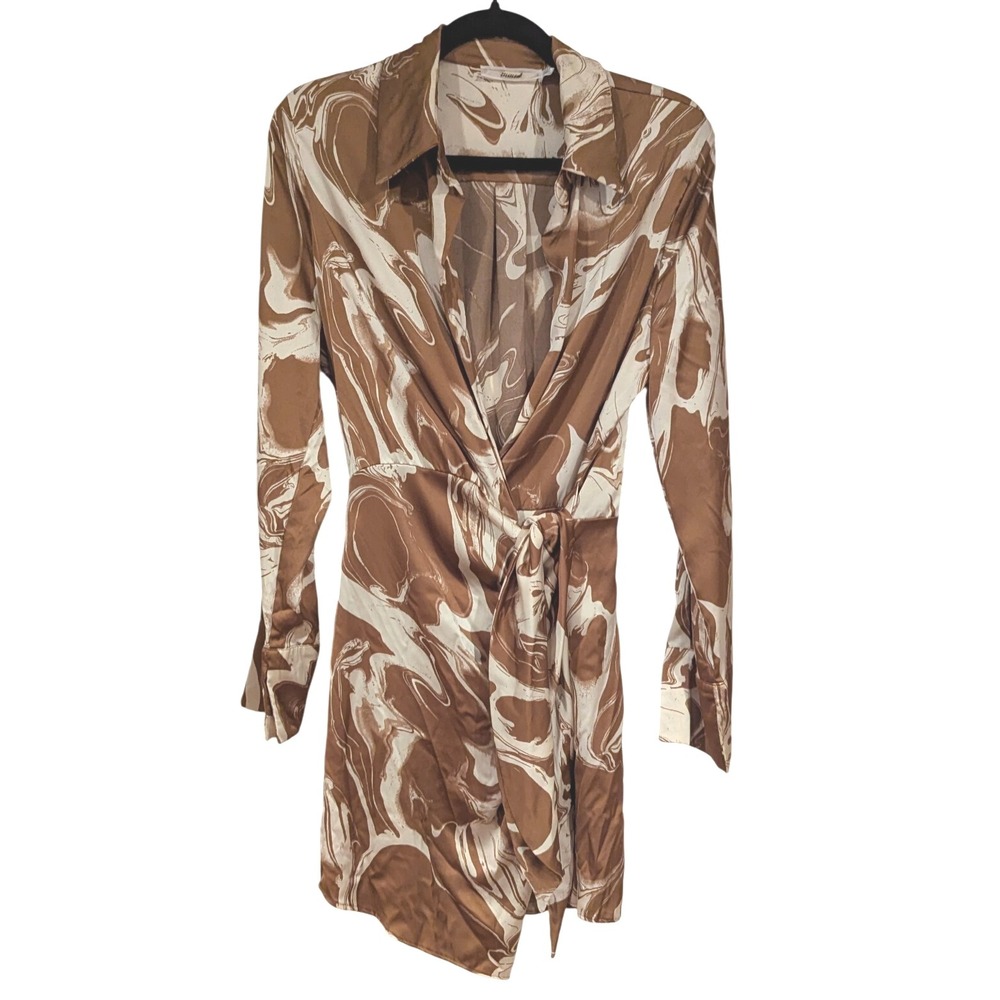 Inmod Marble Print Mini Dress Brown White Long Sleeve Wrap‎ Shirt Dress M